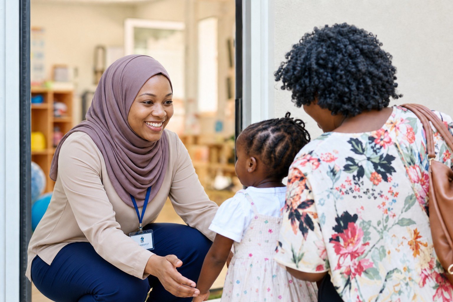 A compassionate Caring Minds Therapy therapist warmly greeting a family at the door